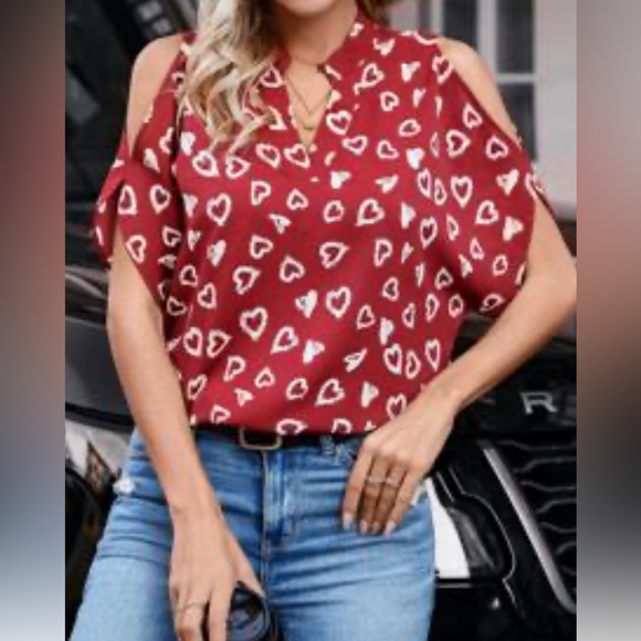 ❤️🤍 SHEIN heart print off shoulder notch collar blouse. Size large. Used once. - Picture 2 of 8